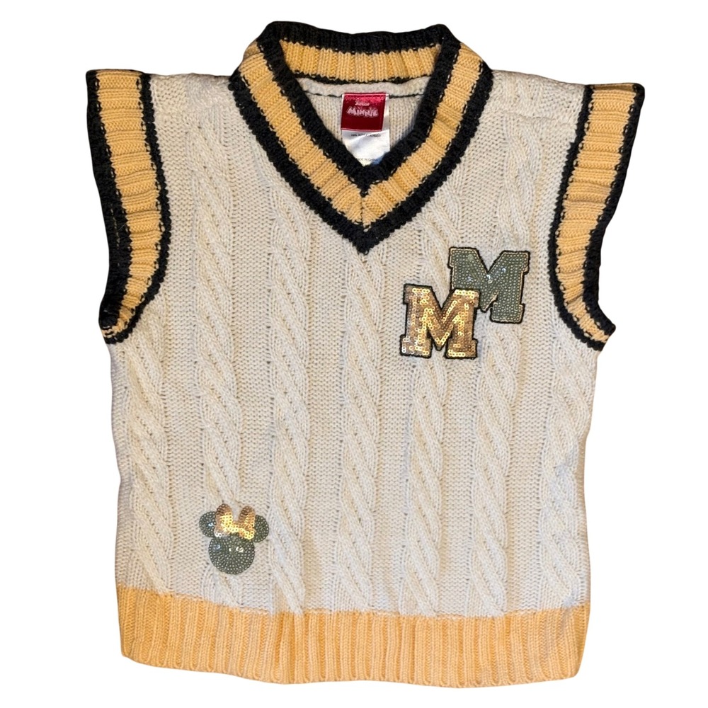 Disney Minnie Mouse Sweater Vest Kids Small Cream Cable Knit Sequin Varsity